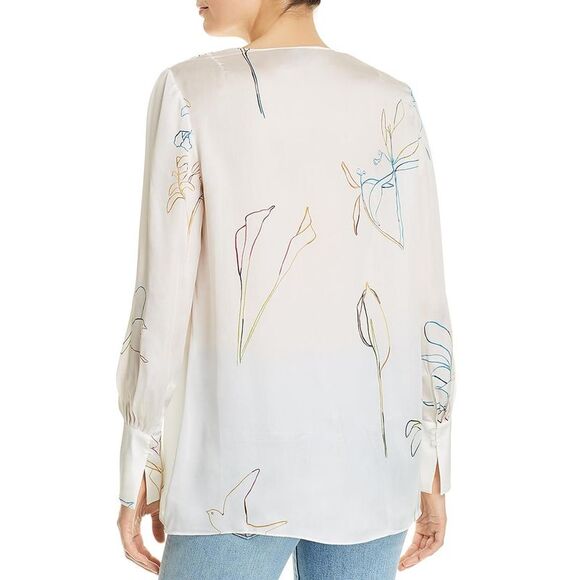 Theory Womens Fluid Ivory Silk Printed Blouse Tunic Top Shirt NWT - Picture 2 of 2